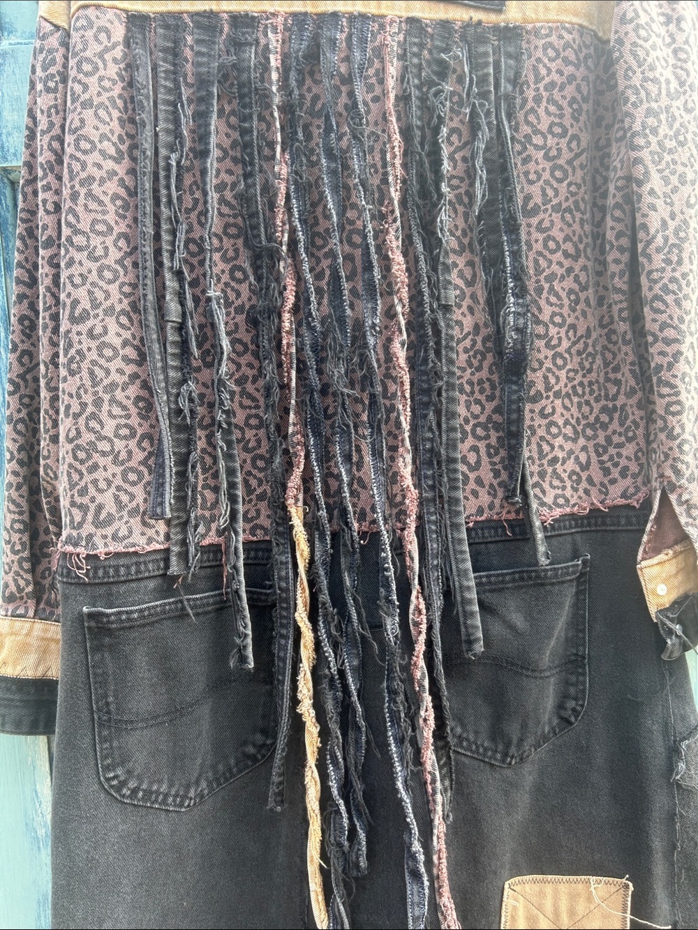 Upcycled zombie apocalypse leopard print tattered patched denim duster jacket - Picture 8 of 13
